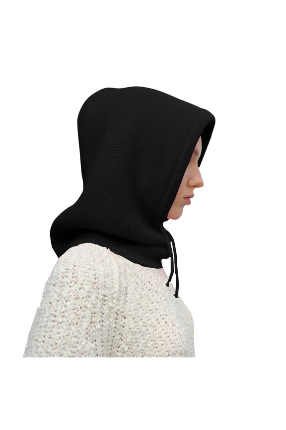 Women’s Knit Balaclava with Rib Drawstring & Stretch Full Face Wrap for Mountain Camps Black