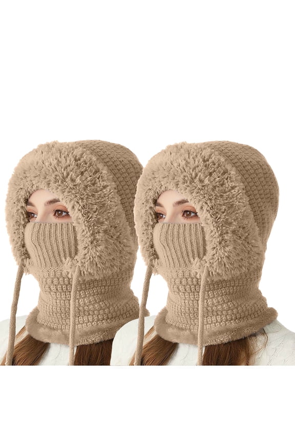 Women’s Knit Plush Full-Face Drawstring Balaclava with Dual Knit Neck Panel for Forest Hikes Brown