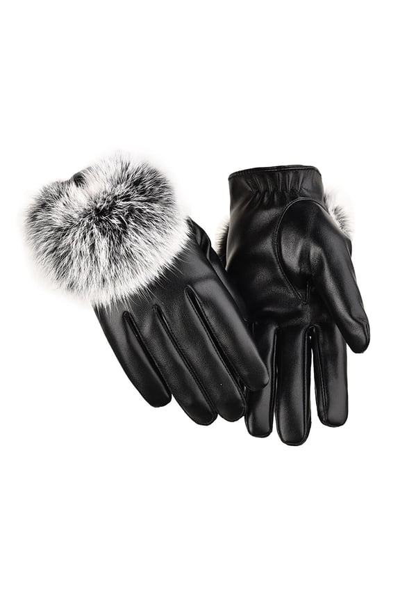 Women’s Lined Leather Gloves Large Fluff Pom-Pom Loose Wrist Fit for Holiday Market Wanders Black