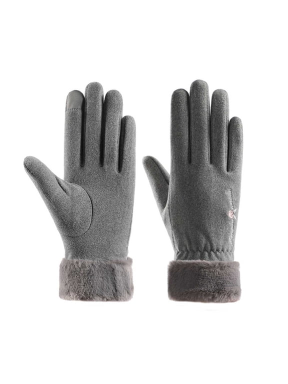 Women’s Lined Touch-Screen Gloves Fluffy Cuff Embroidery Elastic Wind-Stop Wrist for Morning City Walks Gray