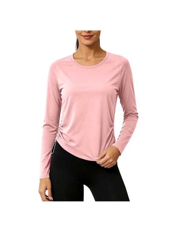 Women's Long Sleeve Raglan Crew Neck Side Ruched Adjustable Drawstring Dressy Casual Active Fit Tops Pink XXL