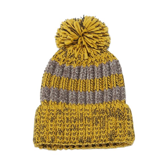 Mwjwdo Women’s Marled Horizontal-Stripe Cuffed Beanie Large Top Pom Thick Knit Fabric for Grocery Runs Yellow