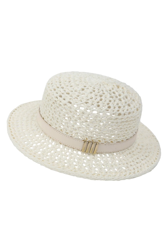 Women’s Metal Bar Decor Full Hollow Short Brim Breathable Bucket Straw Hat with Thin Leather Band Frame for Cafe Gatherings White