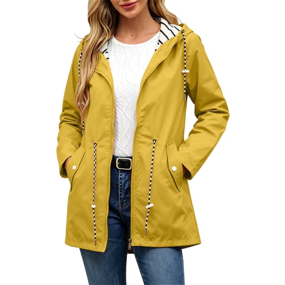Mwjwdo Women's Mid Length Contrast Drawstring Hooded Windproof Jacket, Water Repellent Outerwear with Flap Pockets, Gentle Fit for Shopping Trips Yellow XL