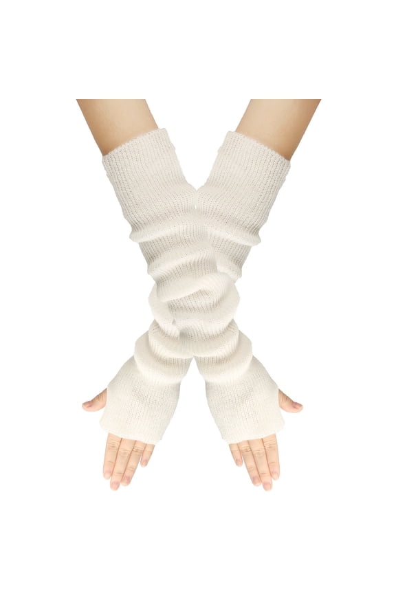 Women’s Minimal Long Fingerless Knit Cuffs Ruched Rib Loose Fit Soft Weave for Indoor Gaming White