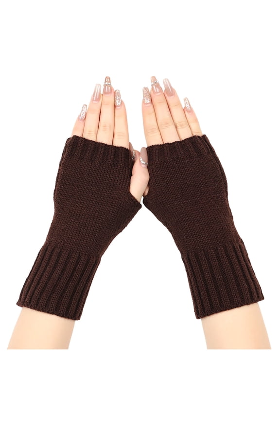 Women’s Minimal Short Fingerless Knit Gloves Ribbed Hem Smooth Stretch Weave for Desk Drawing Brown