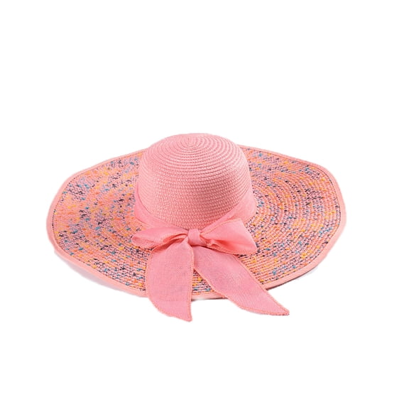 Mwjwdo Women’s Mixed Speckle Wavy Wide Brim Vacation Sun Straw Hat with Long Satin Streamers for Afternoon Trips Pink