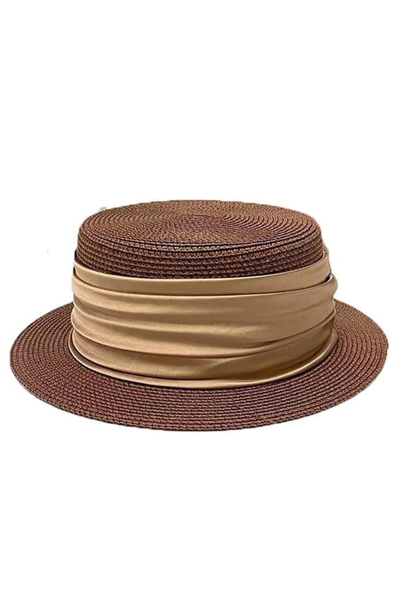 Women’s Multi Ruched Ribbon Wrap Flat Formal Straw Hat with Narrow Straight Brim for Cafe Gatherings Brown