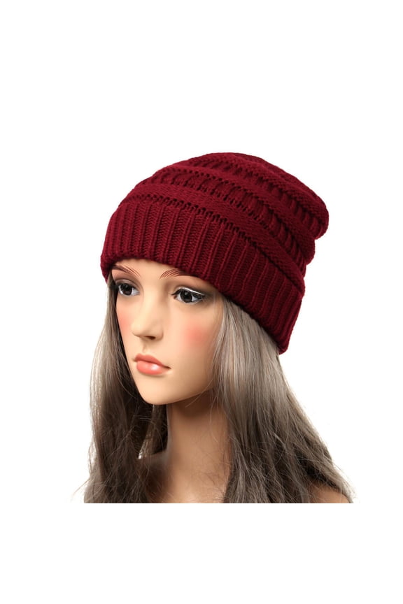 Women’s Oversized Cuffed Rib Slouch Beanie Multi-Gathered Plain Solid Fabric for Office Errands Red