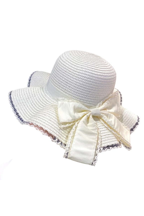 Women’s Oversized Wavy Brim Satin Bow Sun Cap with Lace Trim Edging for Coastal Trips White