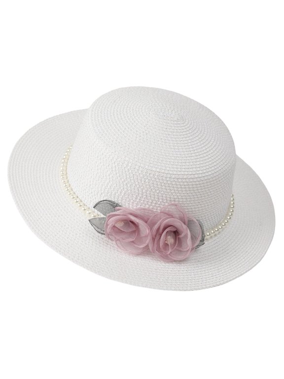 Women’s Pearl Mesh 3D Pink Floral Formal Flat Crown Straw Hat with Light Air Texture for Dinner Gatherings White