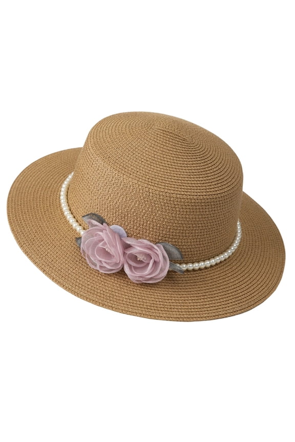 Women’s Pearl Mesh 3D Pink Floral Formal Flat Crown Straw Hat with Light Air Texture for Dinner Gatherings Yellow