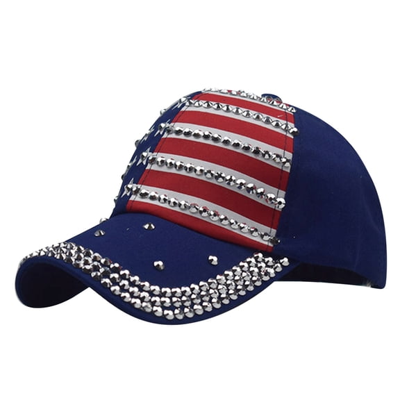 Mwjwdo Women’s Performance Party Baseball Cap with Rhinestone Flag Strip & Curved Decor Brim for Theme Balls Blue