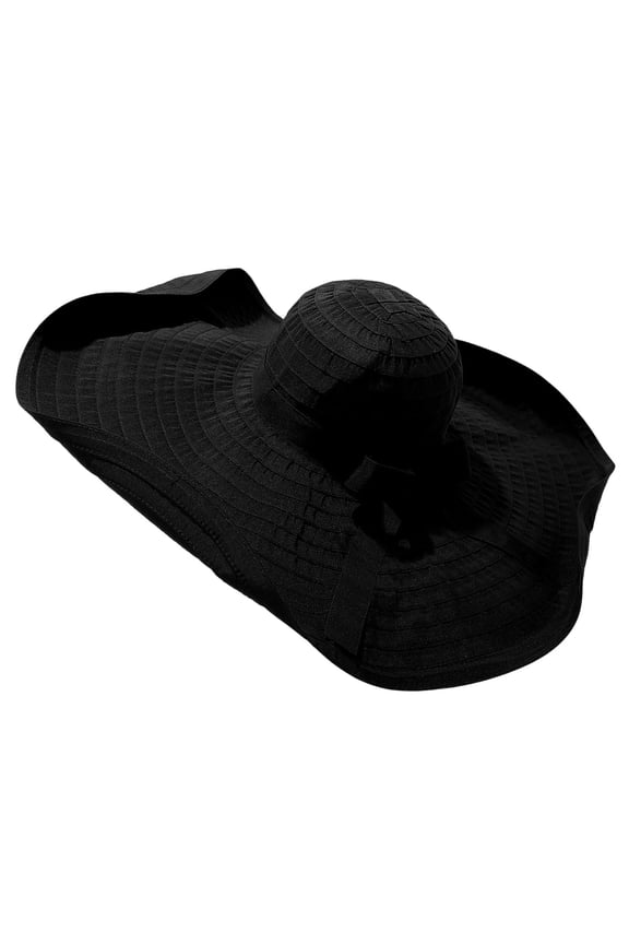 Women’s Rear Streamer Big Bow Foldable Oversized Brim Outdoor Sun Hat with Loose Dome Fit for Beach Relaxation Black