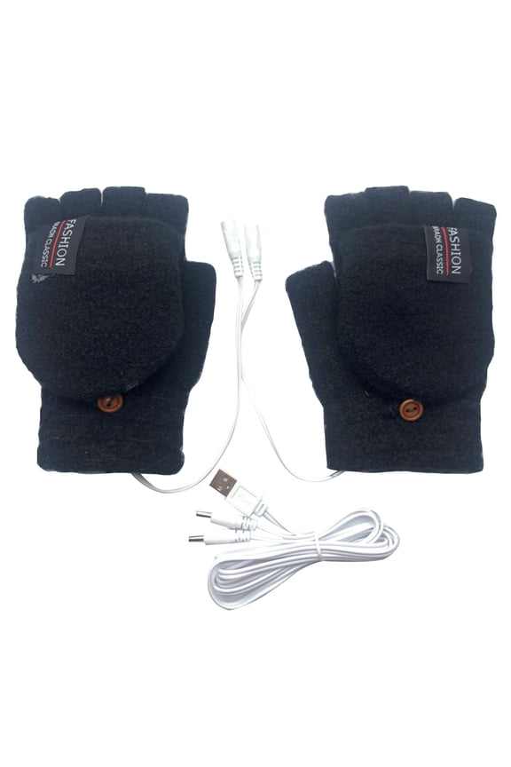 Women’s Rechargeable USB Heated Knit Gloves Temp Adjustable Flip Convertible Fingerless Three Control Buttons for Desk Writing Black