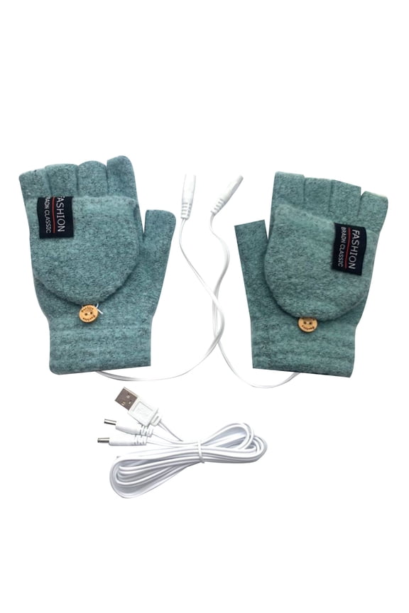Women’s Rechargeable USB Heated Knit Gloves Temp Adjustable Flip Convertible Fingerless Three Control Buttons for Desk Writing Green