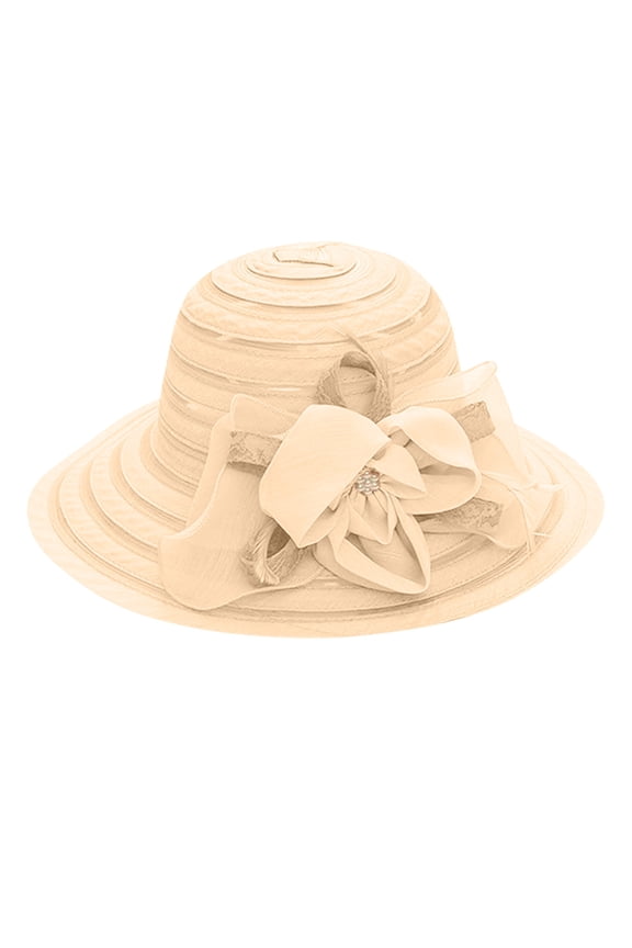 Women’s Rhinestone 3D Floral Multi Layer Ruffle Formal Hat with Wide Curved Shade Brim for Dinner Gatherings Beige