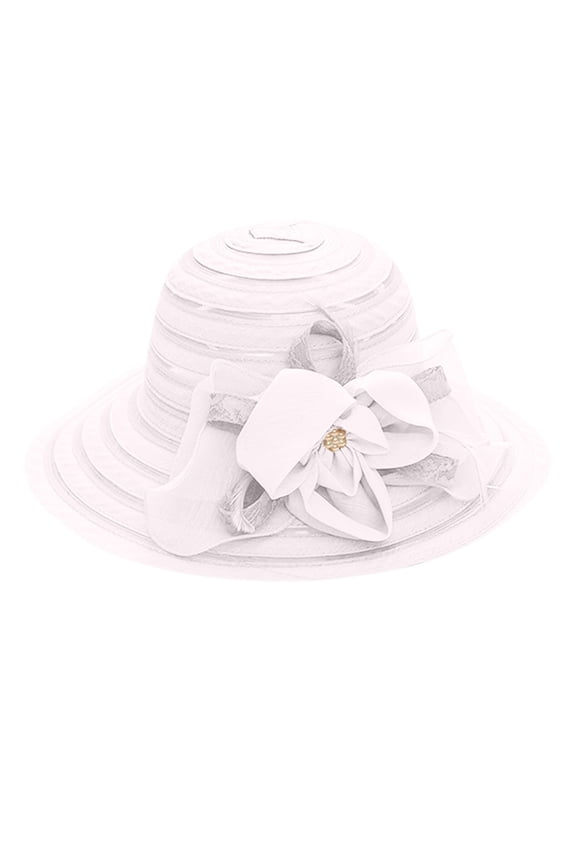 Women’s Rhinestone 3D Floral Multi Layer Ruffle Formal Hat with Wide Curved Shade Brim for Dinner Gatherings White