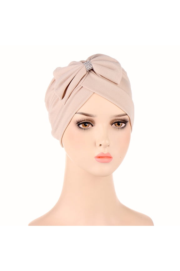 Women’s Rhinestone Bow Ruched Formal Turban with Tiered Floral Knot for Dinner Gatherings Beige