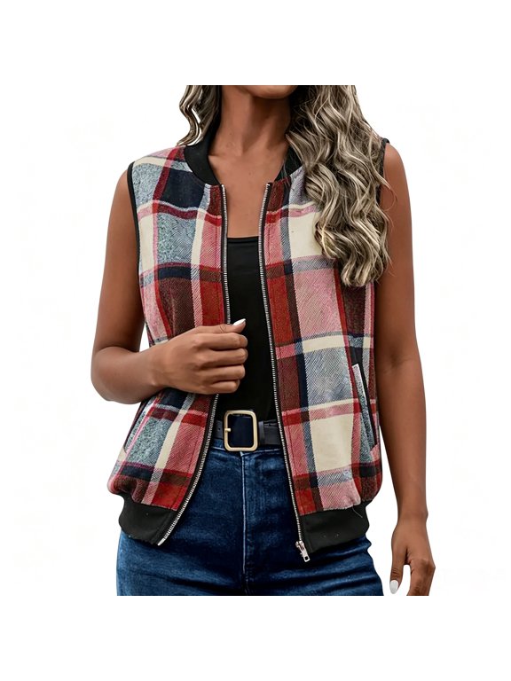 Women's Rib Collar Zip Plaid Sleeveless Vest, Lined Interior Side Zip Pockets, Soft Layering Outer for Café Visits Yellow M