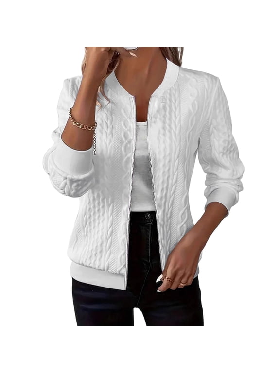 Women's Rib Stand Collar Zip Cable Knit Jacket, Thick Soft Knit Outer, Warm Layer for Daily Errands White S