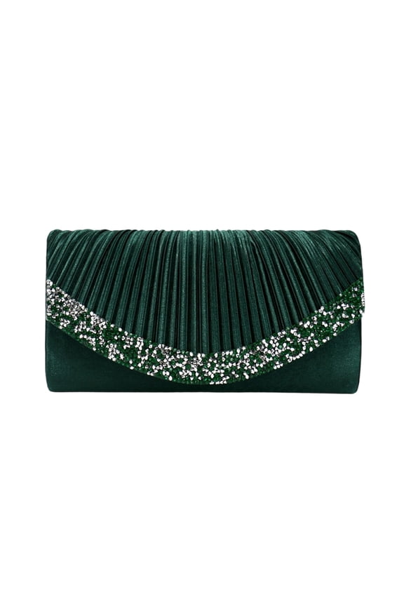 Women's Ruched Rhinestone Glitter Evening Clutch, Sparkly Chain Crossbody Purse for Wedding Cocktail & Banquet Events Army Green