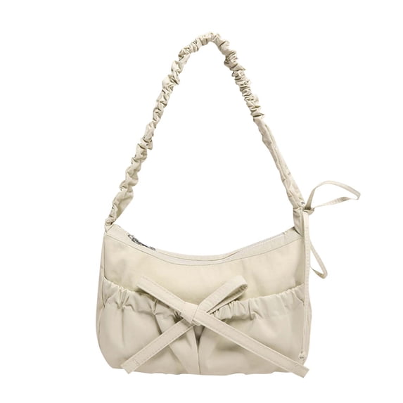 Mwjwdo Women's Ruched Strap Bow Decor Underarm Crossbody Bag, Drawstring Casual Shoulder Purse for Spring Daily Wear Beige