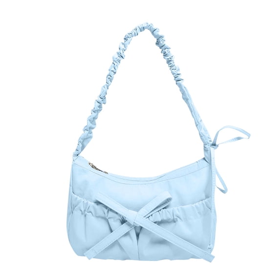 Mwjwdo Women's Ruched Strap Bow Decor Underarm Crossbody Bag, Drawstring Casual Shoulder Purse for Spring Daily Wear Blue