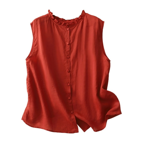 Mwjwdo Women's Ruffle Crew Neck Oversized Linen Blend Cardigan Vest, Vertical Button Placket, Light Airy Outer for Garden Picnics Red L