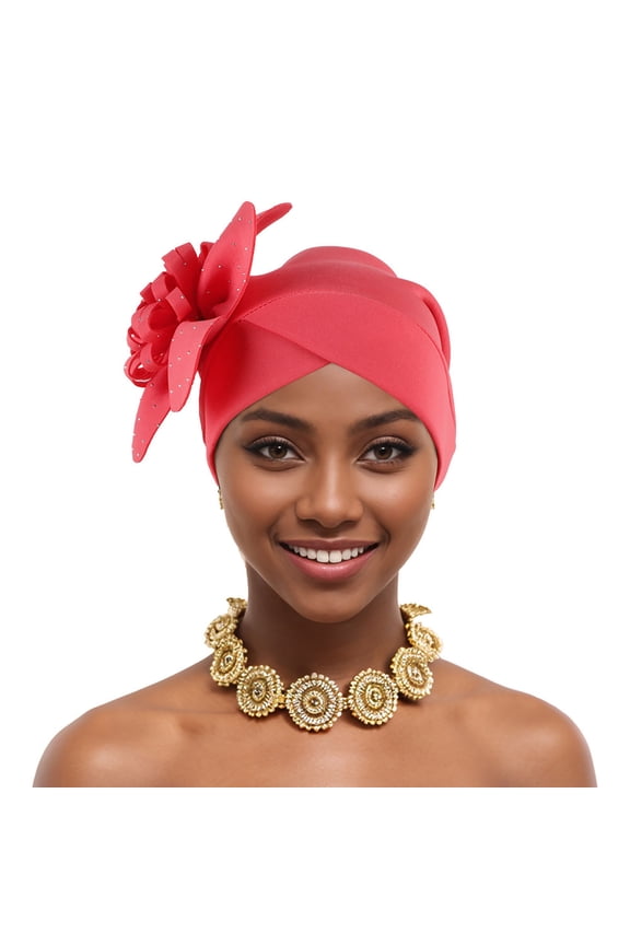 Women’s Side Rhinestone Floral Cross Wrap Formal Turban with Drape Long Streamers for Dinner Gatherings Red