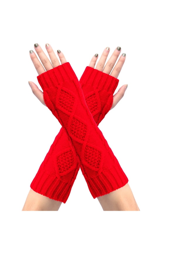 Women’s Slim Extended Fingerless Cuffs Diamond Cable Texture Double Rib Trim for Cafe Visits Red
