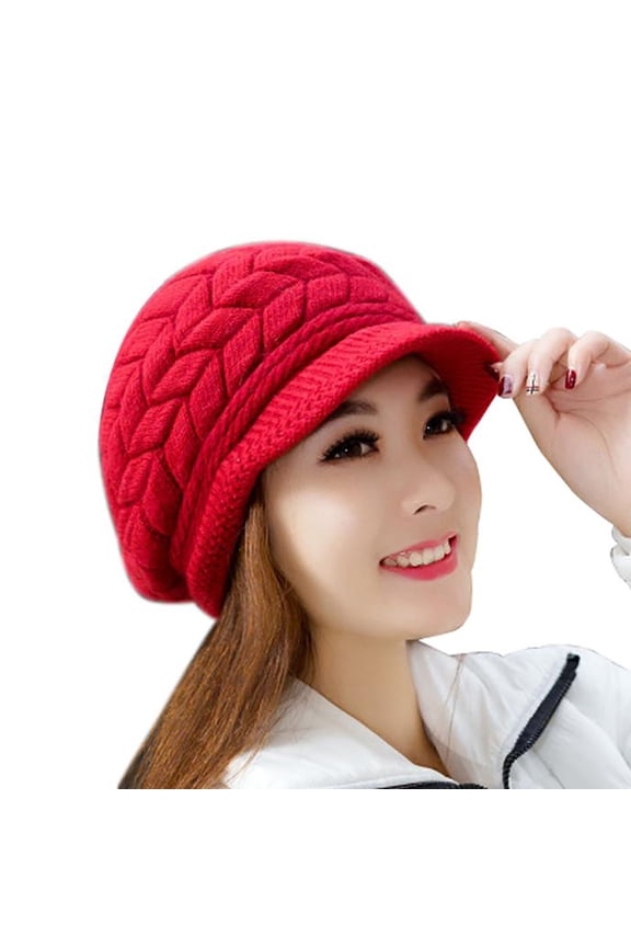 Women’s Slim Skull Cap Horizontal-Stripe Fleece-Lined Curved Cuff for Suburb Jogging Red