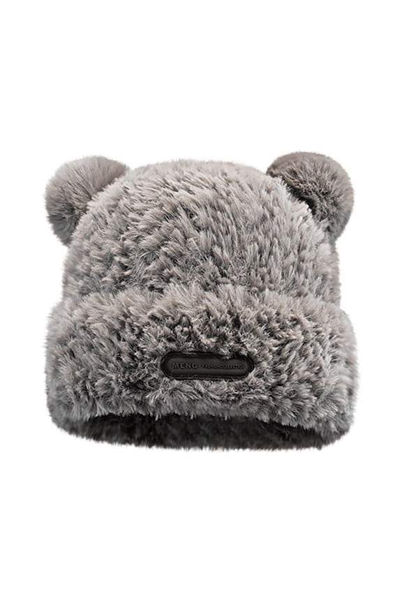 Women’s Solid Plush 3D Dual-Ear Knit Hat Leather Tag Accent for Morning Daily Walks Gray
