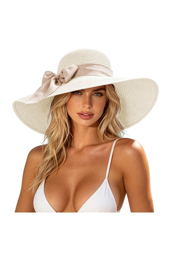 Women’s Solid Ribbon Bow Wide Brim Vacation Straw Hat with Light Foldable Frame for Afternoon Trips White