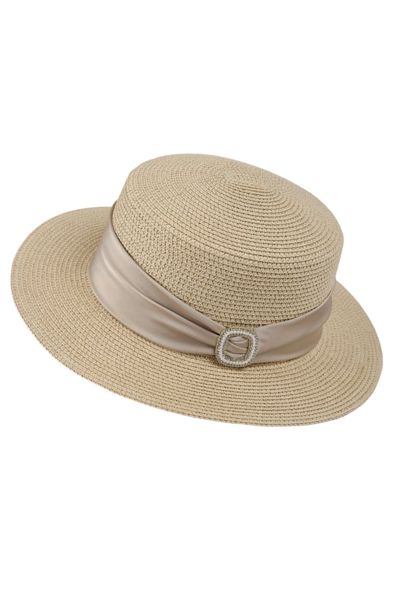 Women’s Square Rhinestone Satin Buckle Solid Minimal Flat Crown Outdoor Sun Hat with Light Foldable Cut for Rural Trips Beige