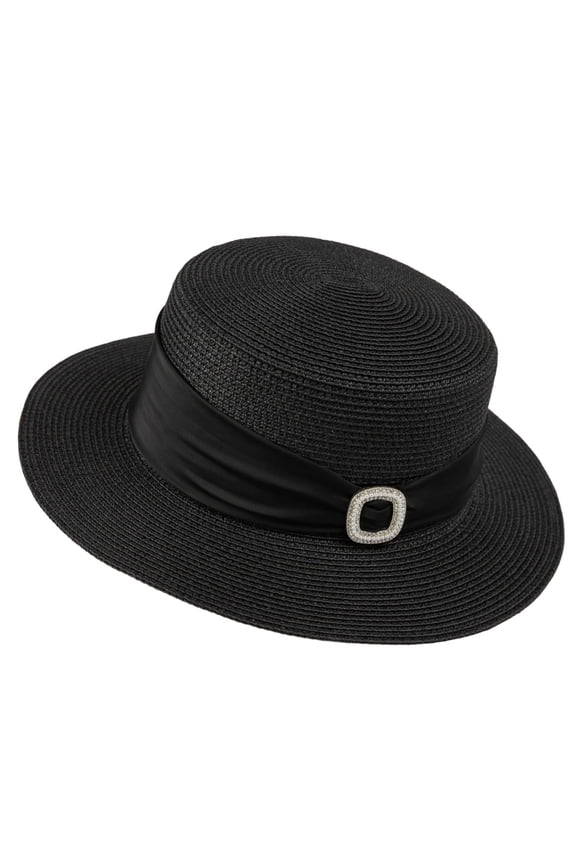 Women’s Square Rhinestone Satin Buckle Solid Minimal Flat Crown Outdoor Sun Hat with Light Foldable Cut for Rural Trips Black
