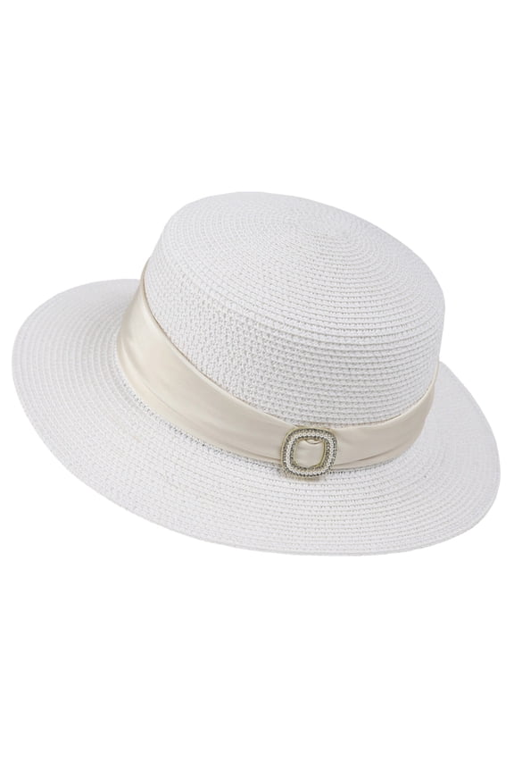 Women’s Square Rhinestone Satin Buckle Solid Minimal Flat Crown Outdoor Sun Hat with Light Foldable Cut for Rural Trips White