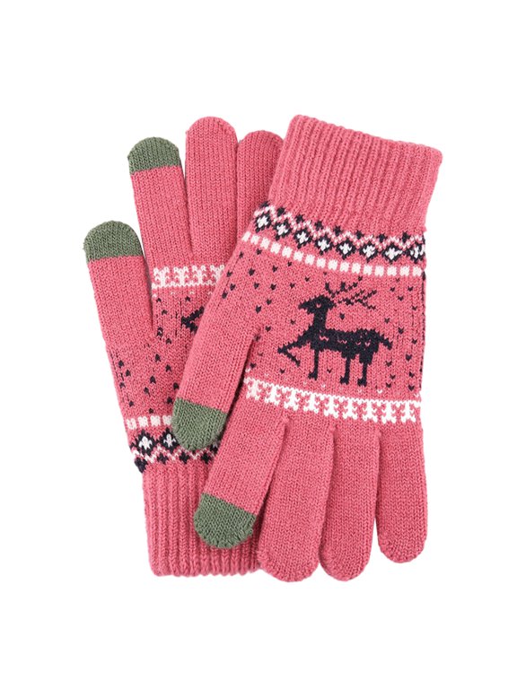 Women’s Touch-Screen Gloves With Vintage Jacquard Contrast Sensor Tips for Campus Commute Pink