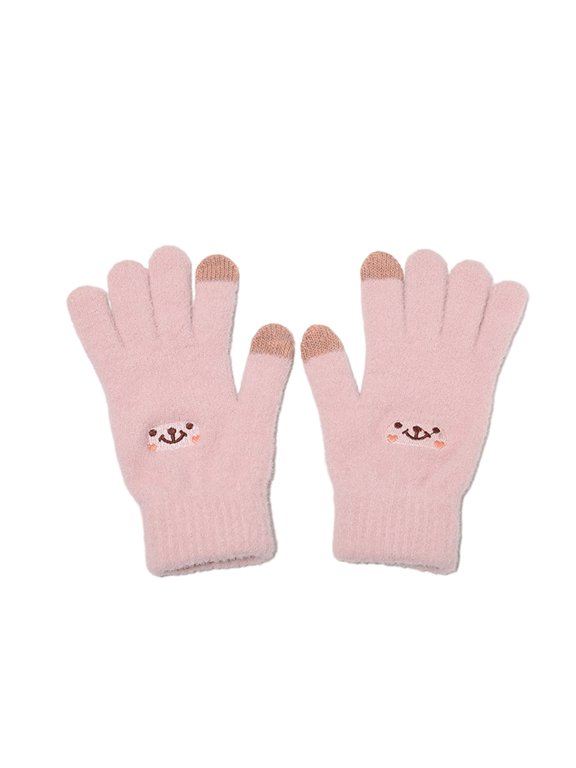 Women’s Touch-Screen Knit Gloves Cartoon Animal Embroidery Dual Conductive Tip Zones for Campus Walk Trips Pink