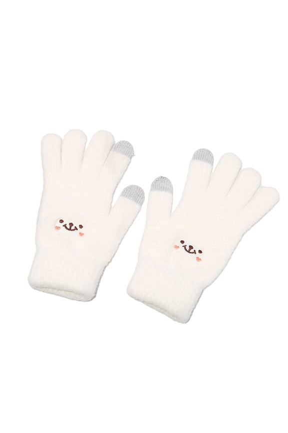 Women’s Touch-Screen Knit Gloves Cartoon Animal Embroidery Dual Conductive Tip Zones for Campus Walk Trips White