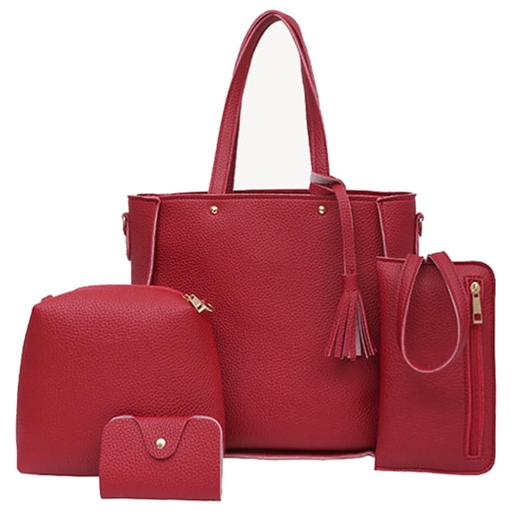 Mwjwdo Women's Vintage Oil Wax Leather 4-Piece Tote Bag Set, Solid Color Top Handle Satchel Crossbody Handbags for Daily Commute Red