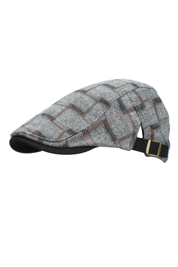 Women’s Vintage Plaid Adjustable Flat Cap with Wide Straight Brim for Cafe Meetups Gray