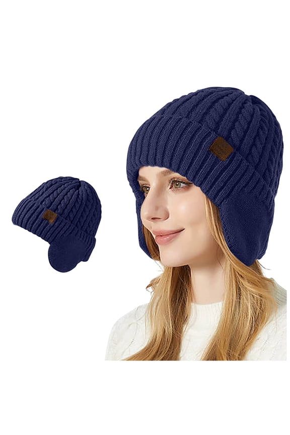 Women’s Warm Beanie Cable-Knit Full Ear-Wrap Extended Neck Mini Leather Patch Soft Fabric for Campus Commutes Blue