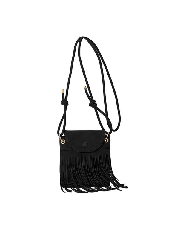 Women's Western Fringe Suede Crossbody Bag, Single Strap Vintage Boho Mini Shoulder Purse for Casual Street Outfit Black