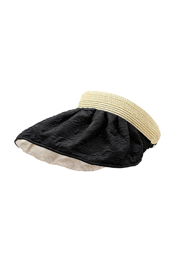 Women’s Woven Band Ruched Bubble Fabric Rear Bow Sun Visor with Wide Curved Shade Brim for Morning Jogging Black