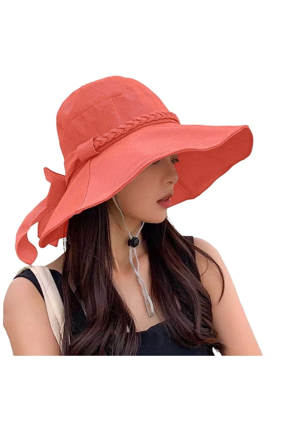 Women’s Woven Braid Strap Wide Brim Bucket Cap with Wind Cord Frame for Coastal Walks Red