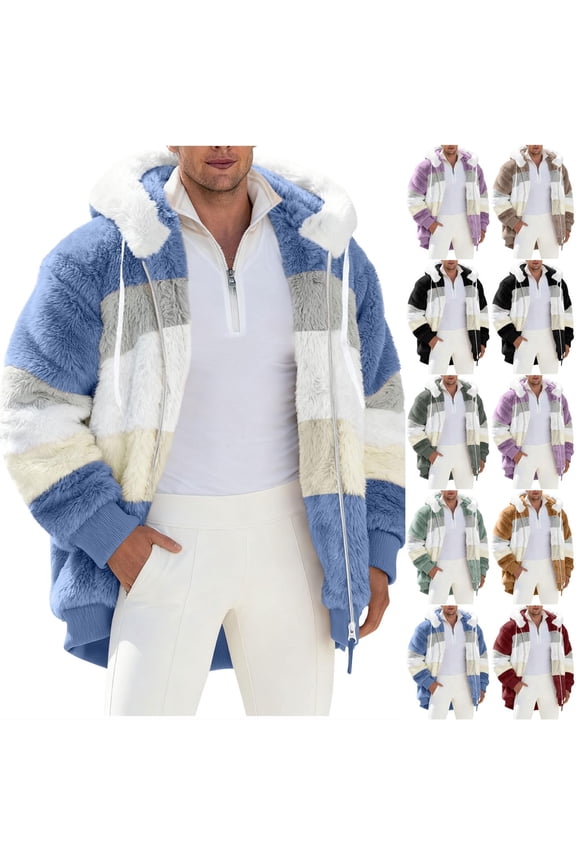 Womens 2025 Winter Fuzzy Fleece Jacket Hooded Color Block Patchwork Cardigan Coats Outerwear with Pockets Wine M