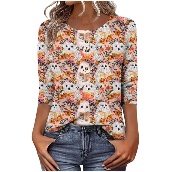 Mwjwdo Womens 3/4 Sleeve Ghost Floral Printed Dressy Casual Henley Round Neck Relaxed Fit Tunic Tops Fall Shirts