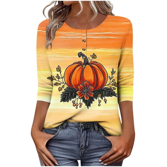 Mwjwdo Womens 3/4 Sleeve Pumpkin Gradient Printed Dressy Casual Henley Round Neck Relaxed Fit Tunic Tops Fall Shirts