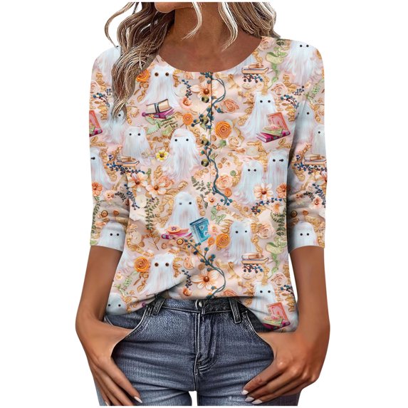 Mwjwdo Womens 3/4 Sleeve Vintage Ghost Book Printed Dressy Casual Henley Round Neck Relaxed Fit Tunic Tops Fall Shirts